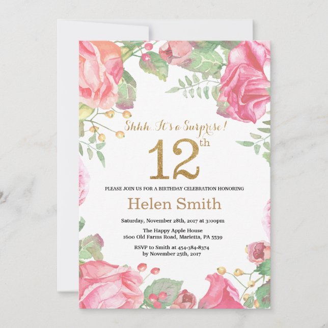 Floral Surprise 12th Birthday Gold Glitter Invitation (Front)