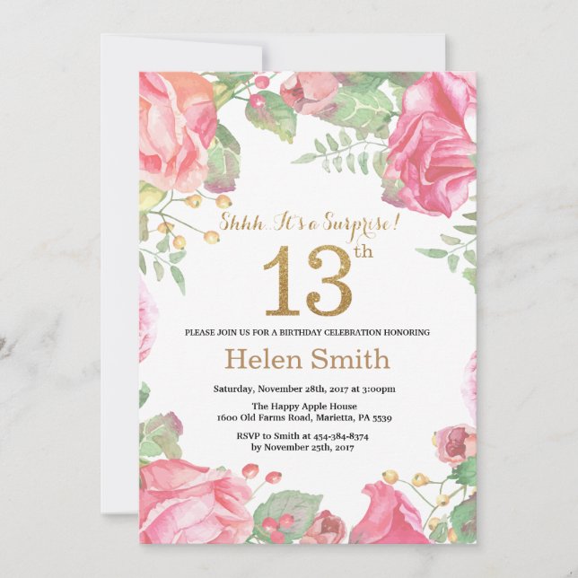 Floral Surprise 13th Birthday Gold Glitter Invitation (Front)