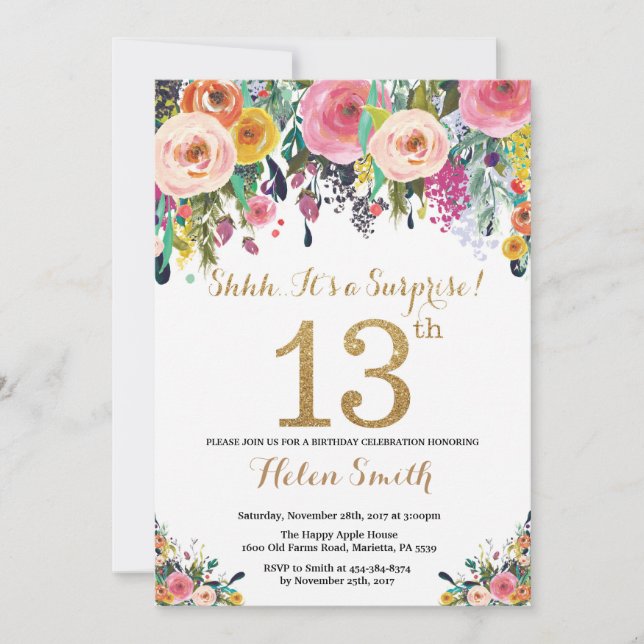 Floral Surprise 13th Birthday Invitation Gold (Front)