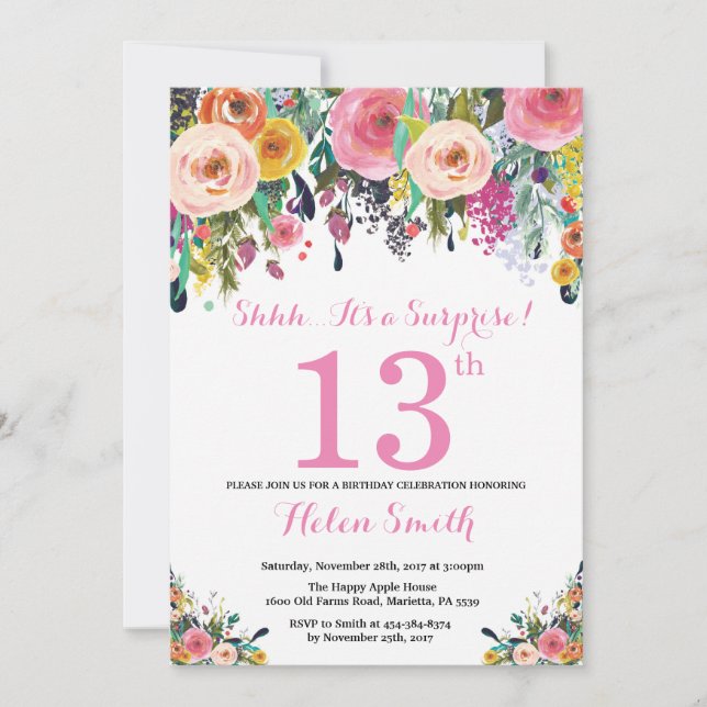 Floral Surprise 13th Birthday Invitation Pink (Front)