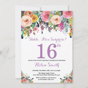 Floral Surprise 16th Birthday Invitation Purple