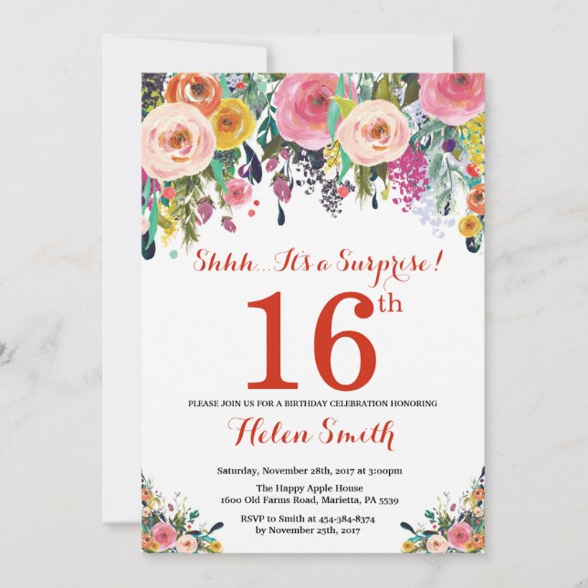 Floral Surprise 16th Birthday Invitation Red (Front)