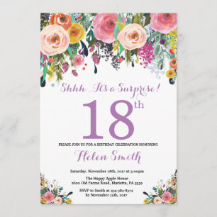 Floral Surprise 18th Birthday Invitation Purple