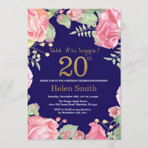 Floral Surprise 20th Birthday Gold Glitter Blue Invitation