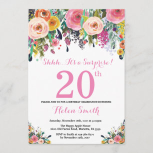Floral Surprise 20th Birthday Invitation Pink