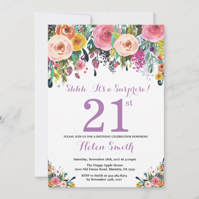 Floral Surprise 21st Birthday Invitation Purple (Front)
