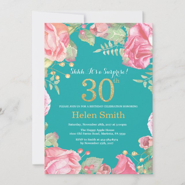 Floral Surprise 30th Birthday Gold and Teal Invitation (Front)