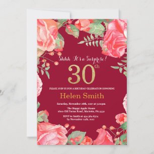 Floral Surprise 30th Birthday Gold Burgundy Red Invitation
