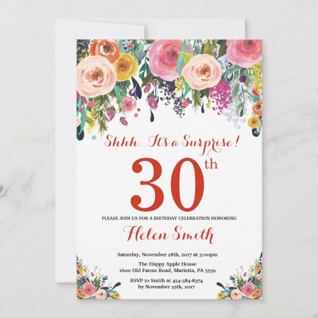 Floral Surprise 30th Birthday Invitation Red (Front)
