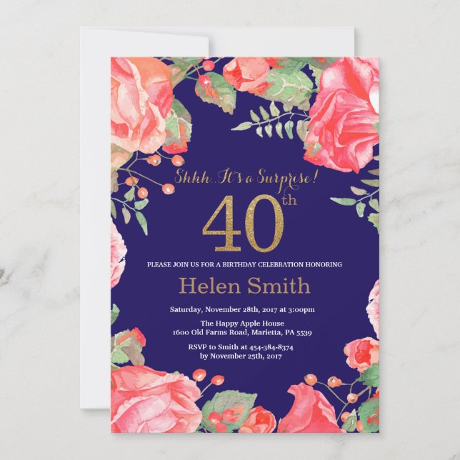 Floral Surprise 40th Birthday Gold Glitter Blue Invitation (Front)