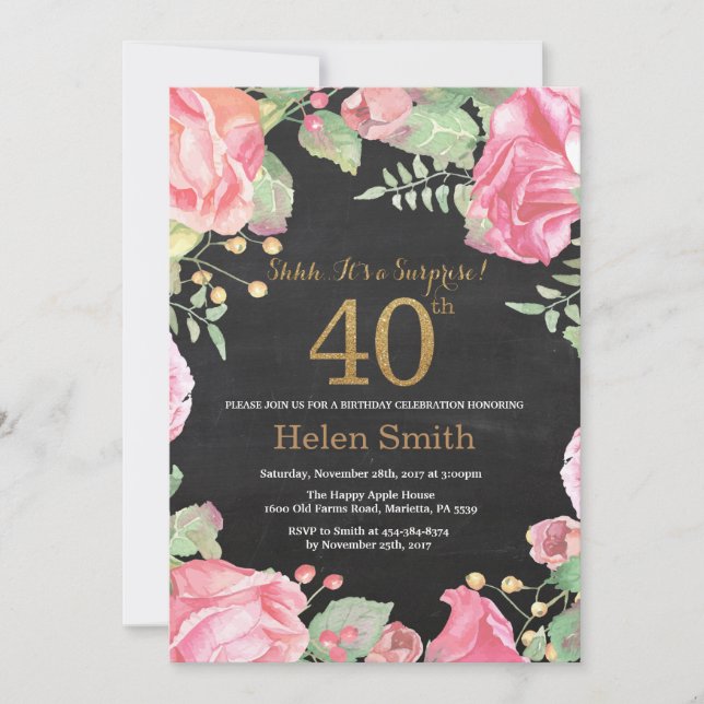 Floral Surprise 40th Birthday Gold Glitter Invitation (Front)