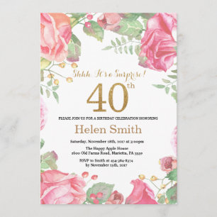 Floral Surprise 40th Birthday Gold Glitter Invitation