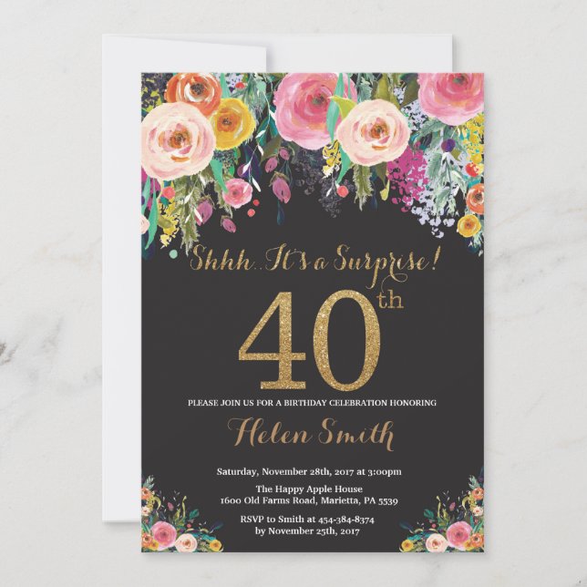 Floral Surprise 40th Birthday Invitation Gold (Front)
