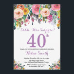 Floral Surprise 40th Birthday Invitation Purple<br><div class="desc">Floral Surprise 40th Birthday Invitation for Women. Watercolor Floral Flower. Pink, Yellow, Orange, Purple Flower. Adult Birthday. 30th 40th 50th 60th 70th 80th 90th 100th 13th 15th 16th 18th 20th 21st Any Age. For further customisation, please click the "Customise it" button and use our design tool to modify this template....</div>