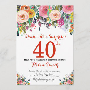 Floral Surprise 40th Birthday Invitation Red