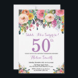 Floral Surprise 50th Birthday Invitation Purple<br><div class="desc">Floral Surprise 50th Birthday Invitation for Women. Watercolor Floral Flower. Pink, Yellow, Orange, Purple Flower. Adult Birthday. 30th 40th 50th 60th 70th 80th 90th 100th 13th 15th 16th 18th 20th 21st Any Age. For further customisation, please click the "Customise it" button and use our design tool to modify this template....</div>