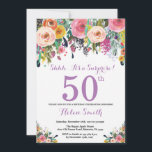 Floral Surprise 50th Birthday Invitation Purple<br><div class="desc">Floral Surprise 50th Birthday Invitation for Women. Watercolor Floral Flower. Pink, Yellow, Orange, Purple Flower. Adult Birthday. 30th 40th 50th 60th 70th 80th 90th 100th 13th 15th 16th 18th 20th 21st Any Age. For further customisation, please click the "Customise it" button and use our design tool to modify this template....</div>