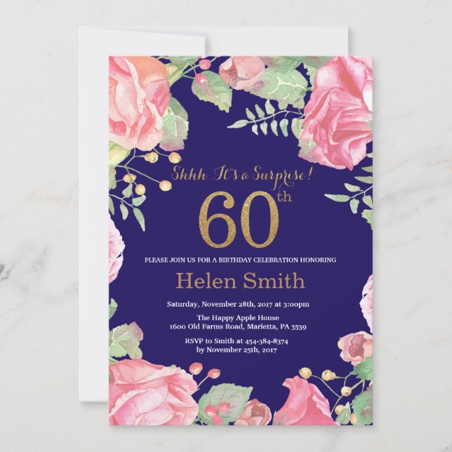 Floral Surprise 60th Birthday Gold Glitter Blue Invitation (Front)
