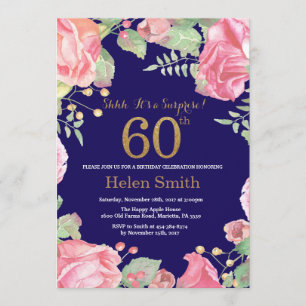 Floral Surprise 60th Birthday Gold Glitter Blue Invitation