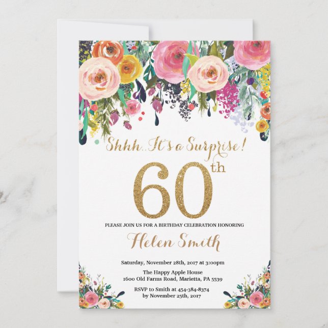 Floral Surprise 60th Birthday Invitation Gold (Front)