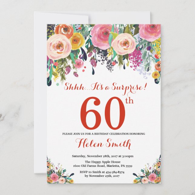 Floral Surprise 60th Birthday Invitation Red (Front)