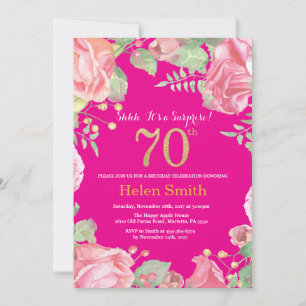 Floral Surprise 70th Birthday Gold and Hot Pink Invitation