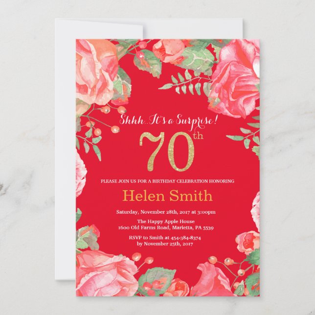 Floral Surprise 70th Birthday Gold Glitter and Red Invitation (Front)