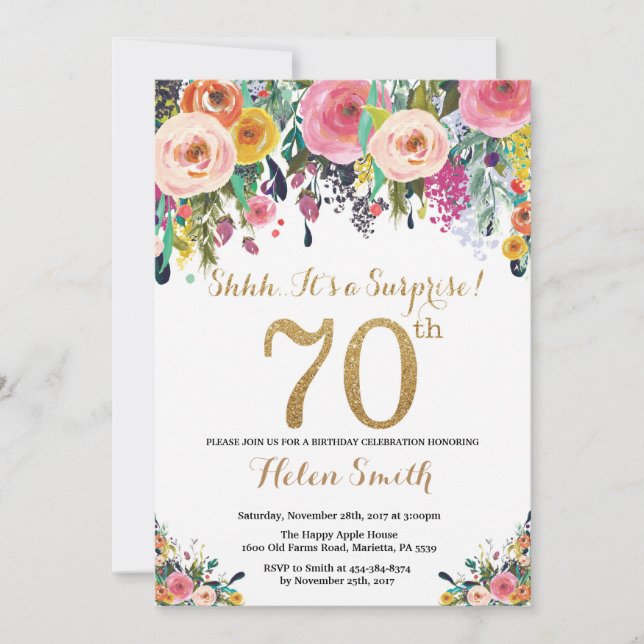 Floral Surprise 70th Birthday Invitation Gold (Front)