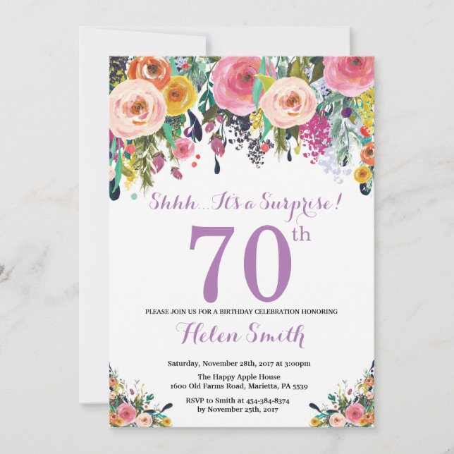 Floral Surprise 70th Birthday Invitation Purple (Front)