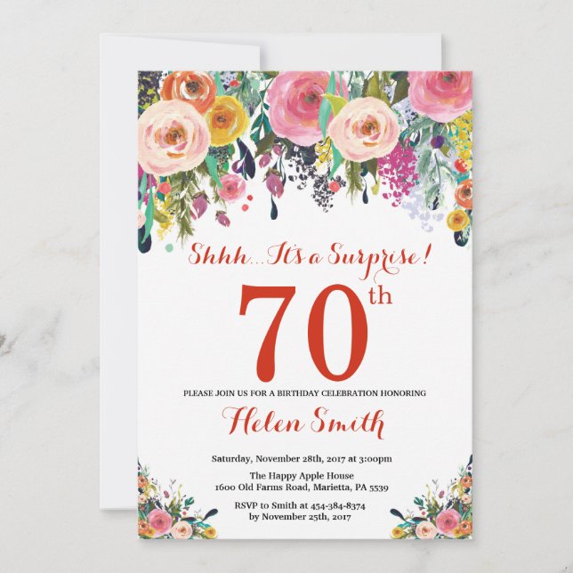 Floral Surprise 70th Birthday Invitation Red (Front)