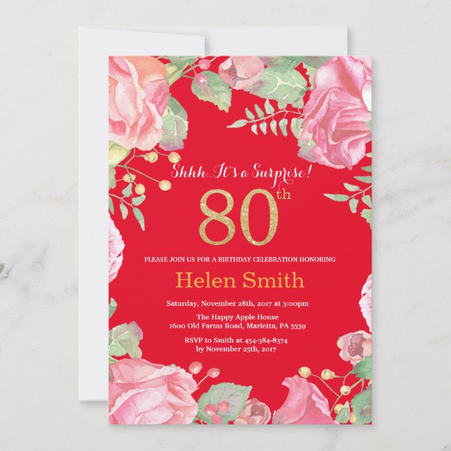 Floral Surprise 80th Birthday Gold Glitter and Red Invitation (Front)