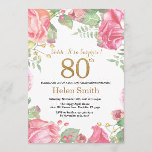Floral Surprise 80th Birthday Gold Glitter Invitation