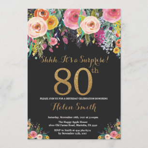 Floral Surprise 80th Birthday Invitation Gold