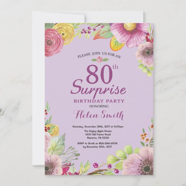 Floral Surprise 80th Birthday Invitation Purple (Front)
