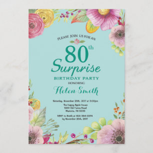 Floral Surprise 80th Birthday Invitation Teal