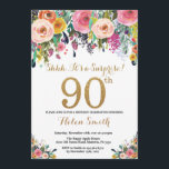 Floral Surprise 90th Birthday Invitation Gold<br><div class="desc">Floral Surprise 90th Birthday Invitation for Women. Watercolor Floral Flower. Gold Glitter. Pink,  Yellow,  Orange,  Purple Flower. Adult Birthday. For further customisation,  please click the "Customise it" button and use our design tool to modify this template.</div>