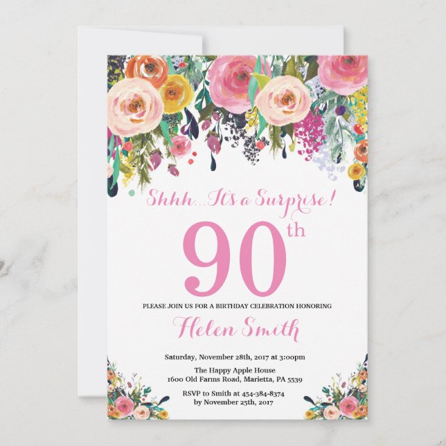Floral Surprise 90th Birthday Invitation Pink (Front)