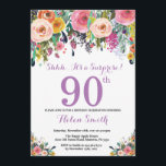Floral Surprise 90th Birthday Invitation Purple<br><div class="desc">Floral Surprise 90th Birthday Invitation for Women. Watercolor Floral Flower. Pink, Yellow, Orange, Purple Flower. Adult Birthday. 30th 40th 50th 60th 70th 80th 90th 100th 13th 15th 16th 18th 20th 21st Any Age. For further customisation, please click the "Customise it" button and use our design tool to modify this template....</div>