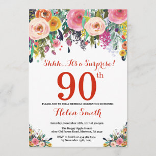 Floral Surprise 90th Birthday Invitation Red