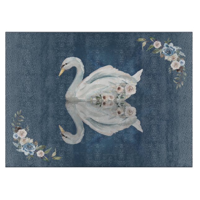 Floral Swan Blue Reflection Cutting Board (Front)