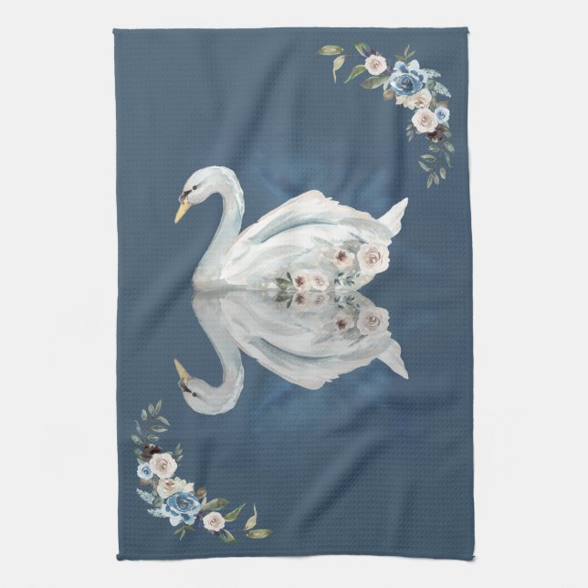 Floral Swan Blue Reflection Tea Towel (Vertical)