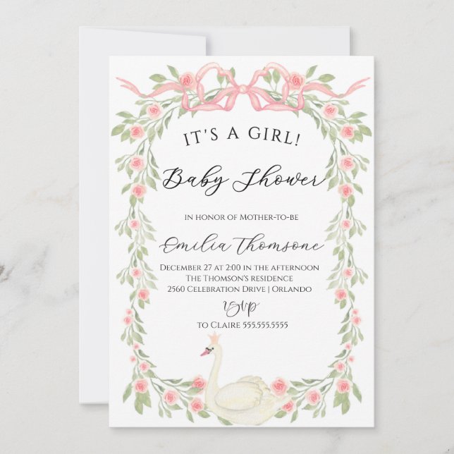 Floral Swan Blush Pink Ribbon Baby Shower Invitation (Front)