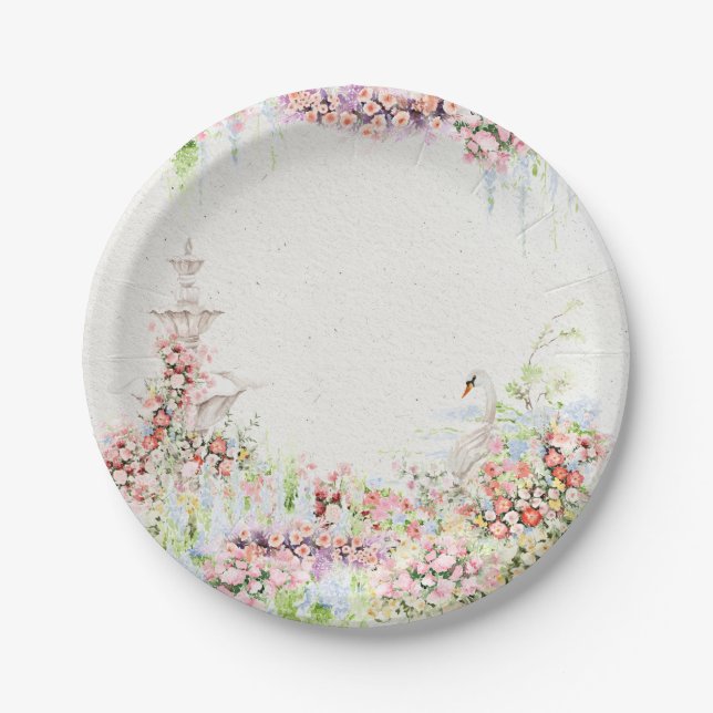 floral swan chic calligraphy bridal shower paper plate (Front)
