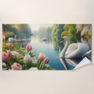 Floral swan lake spring artwork beach towel