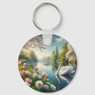 Floral swan lake spring artwork key ring