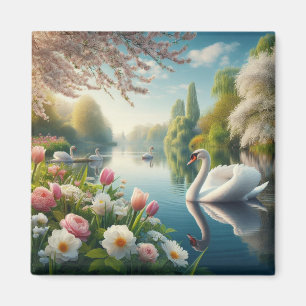 Floral swan lake spring artwork magnet
