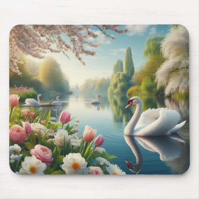 Floral swan lake spring artwork mouse mat (Front)