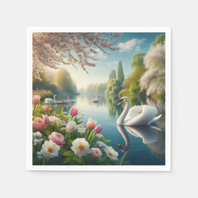 Floral swan lake spring artwork napkin (Front)