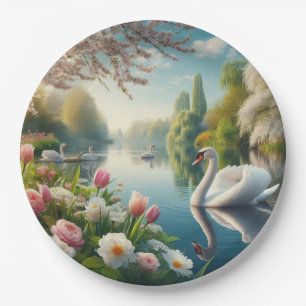 Floral swan lake spring artwork paper plate