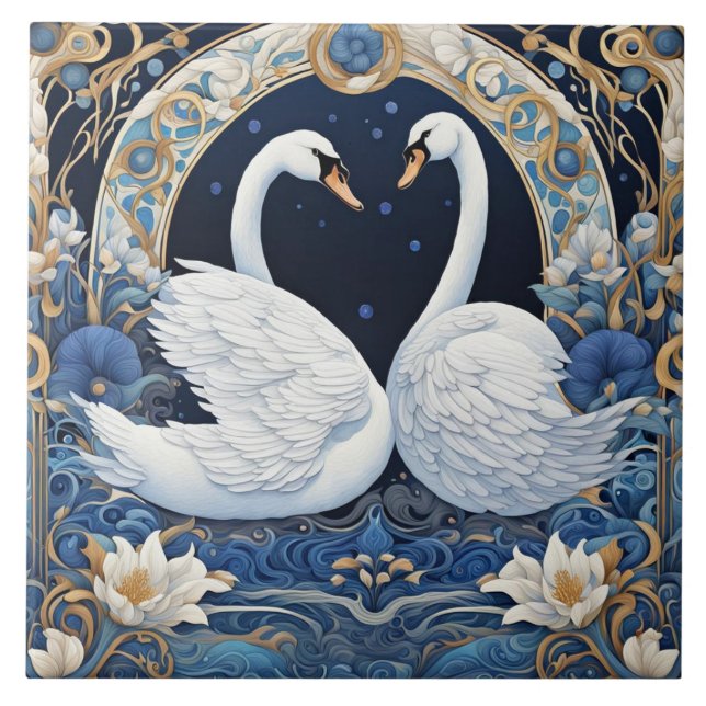 Floral Swans Art Nouveau Bird Art Deco Blue Tile (Front)